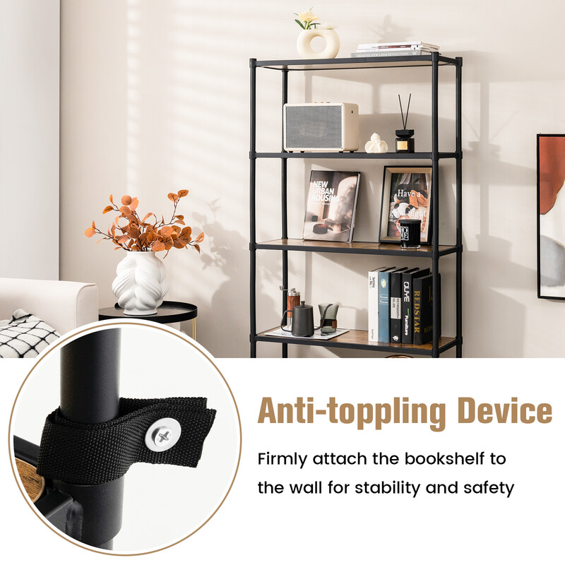 Boghylde med fem hyldeplan i brun træimitation og sort metalramme 80x29x154 cm