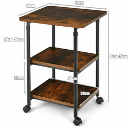 3-niveau printerstativ justerbar højde 67-77 cm fire hjul hvid stål spånplade