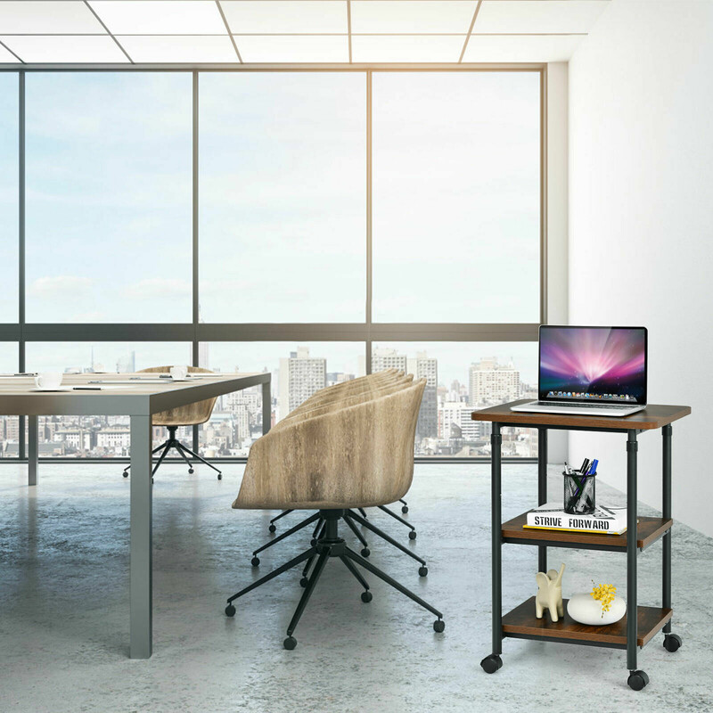 3-niveau printerstativ justerbar højde 67-77 cm fire hjul hvid stål spånplade