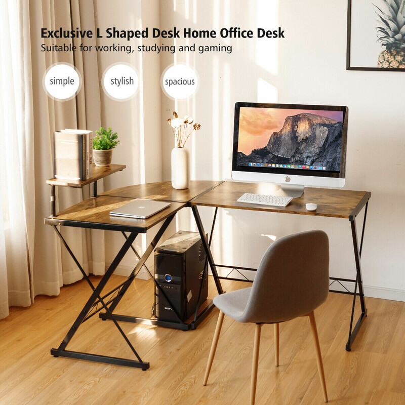 L-formet hjørnetbord i træ og metal rustik brun 147x112x79 cm justerbar skærmhøjde