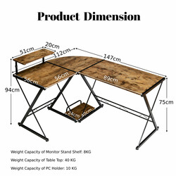 L-formet hjørnetbord i træ og metal rustik brun 147x112x79 cm justerbar skærmhøjde