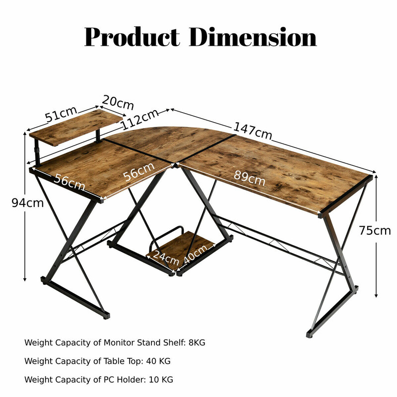 L-formet hjørnetbord i træ og metal rustik brun 147x112x79 cm justerbar skærmhøjde