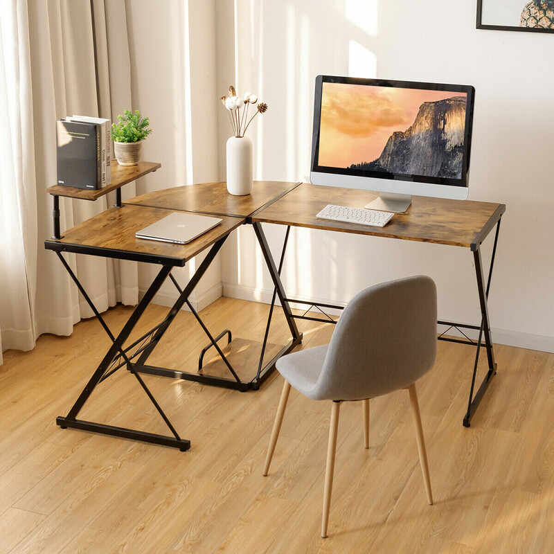 L-formet hjørnetbord i træ og metal rustik brun 147x112x79 cm justerbar skærmhøjde