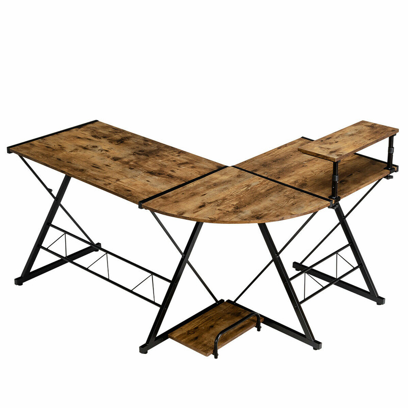 L-formet hjørnetbord i træ og metal rustik brun 147x112x79 cm justerbar skærmhøjde