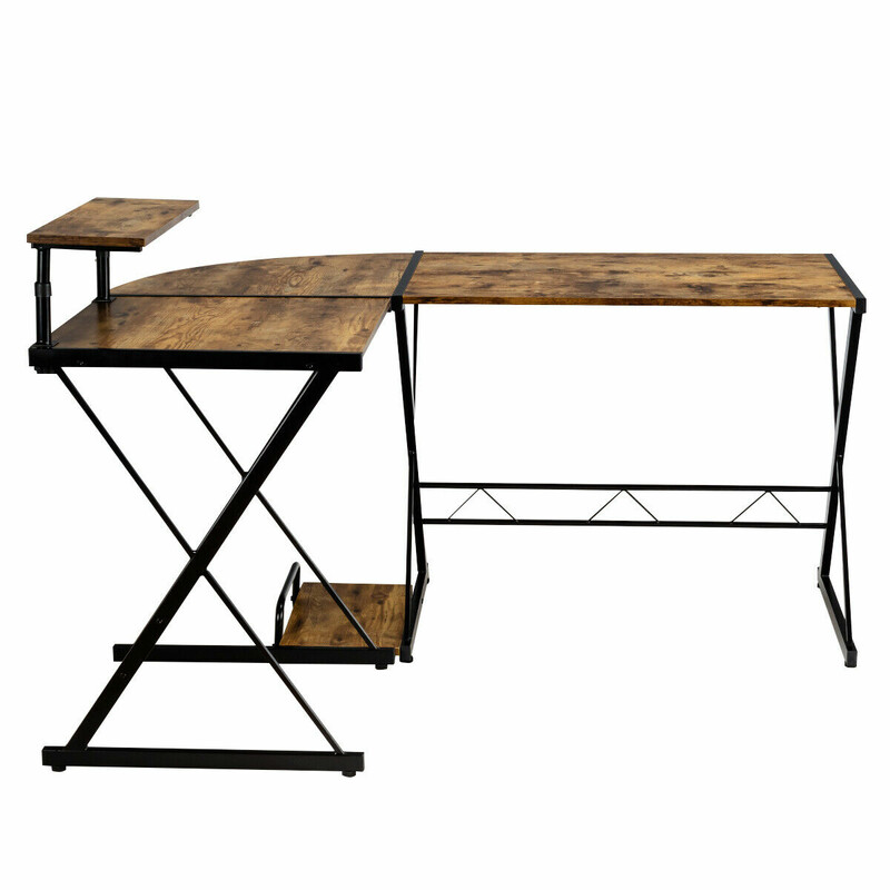 L-formet hjørnetbord i træ og metal rustik brun 147x112x79 cm justerbar skærmhøjde