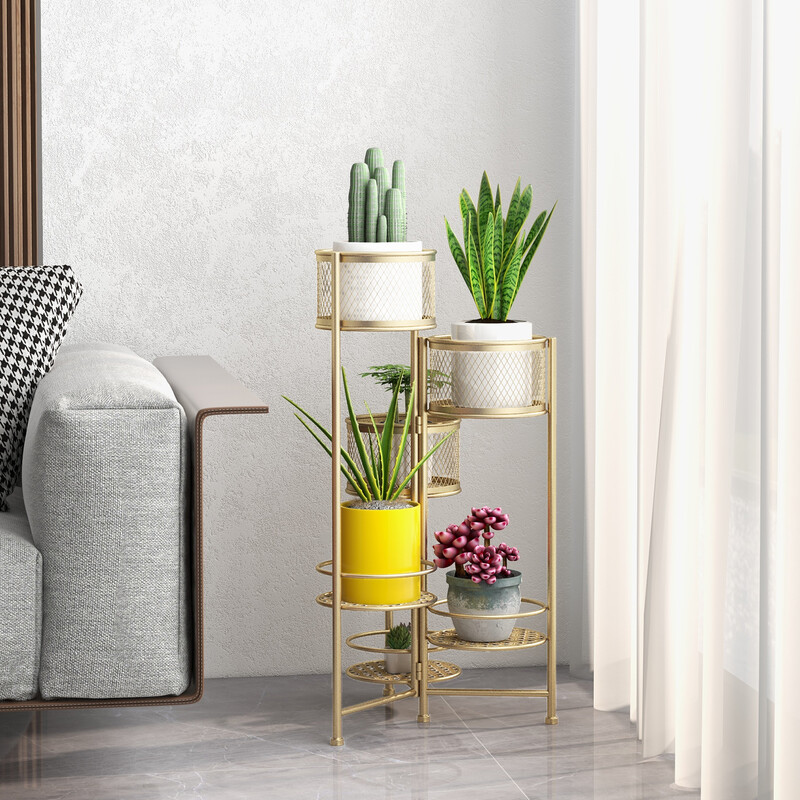 Sammenklappelig metalplanteholder i guld med seks niveauer