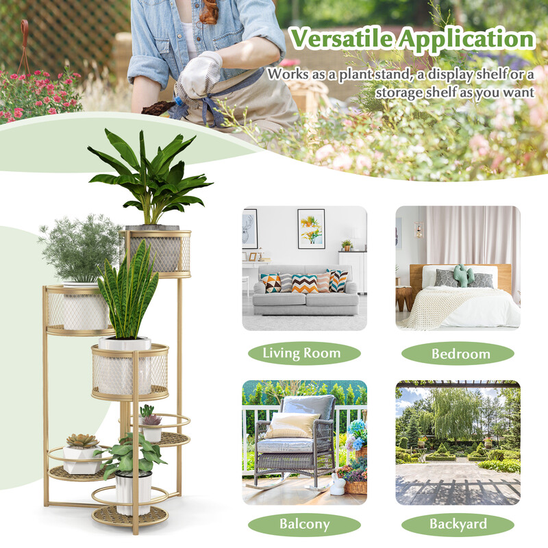 Sammenklappelig metalplanteholder i guld med seks niveauer