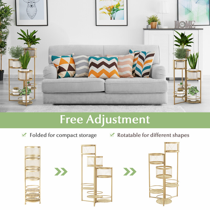 Sammenklappelig metalplanteholder i guld med seks niveauer