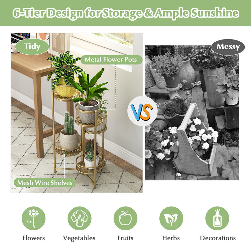 Sammenklappelig metalplanteholder i guld med seks niveauer