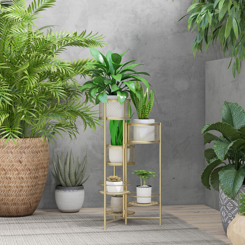 Sammenklappelig metalplanteholder i guld med seks niveauer