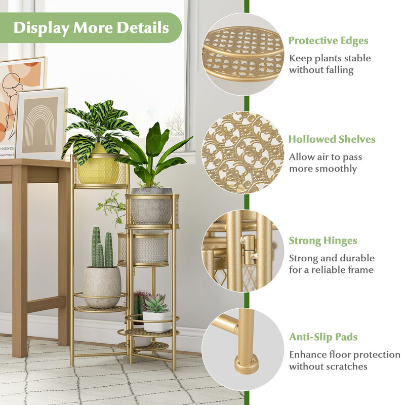 Sammenklappelig metalplanteholder i guld med seks niveauer