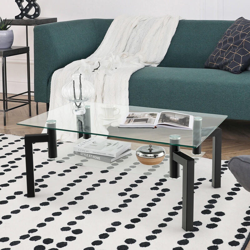 Sofabord sort metalramme med hærdet glas to niveauer moderne 100x60 cm