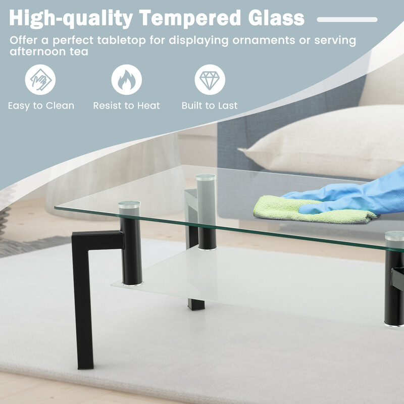 Sofabord sort metalramme med hærdet glas to niveauer moderne 100x60 cm