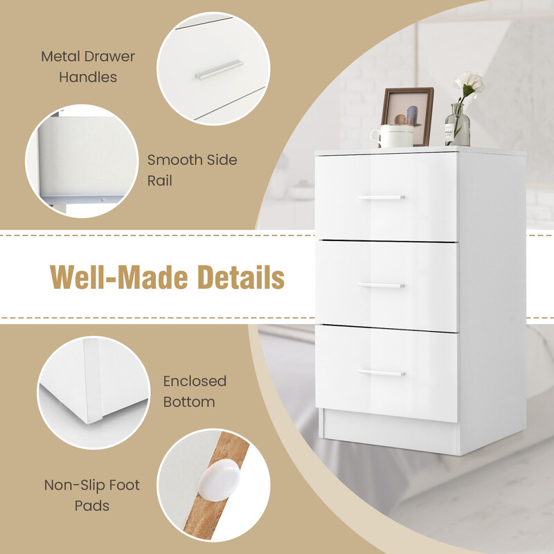 Natbord 3-skuffe hvid spånplade 37x34x66 cm kompakt soveværelse