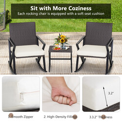 Udendørs møbelset i brun PE‑rotting med 2 gynge stole og sofabord