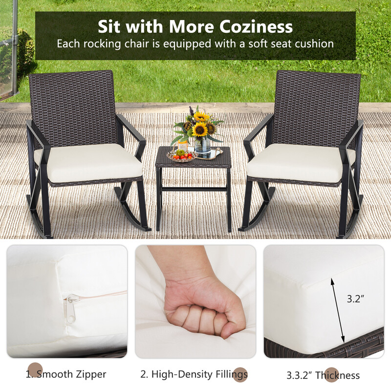 Udendørs møbelset i brun PE‑rotting med 2 gynge stole og sofabord