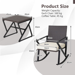 Udendørs møbelset i brun PE‑rotting med 2 gynge stole og sofabord