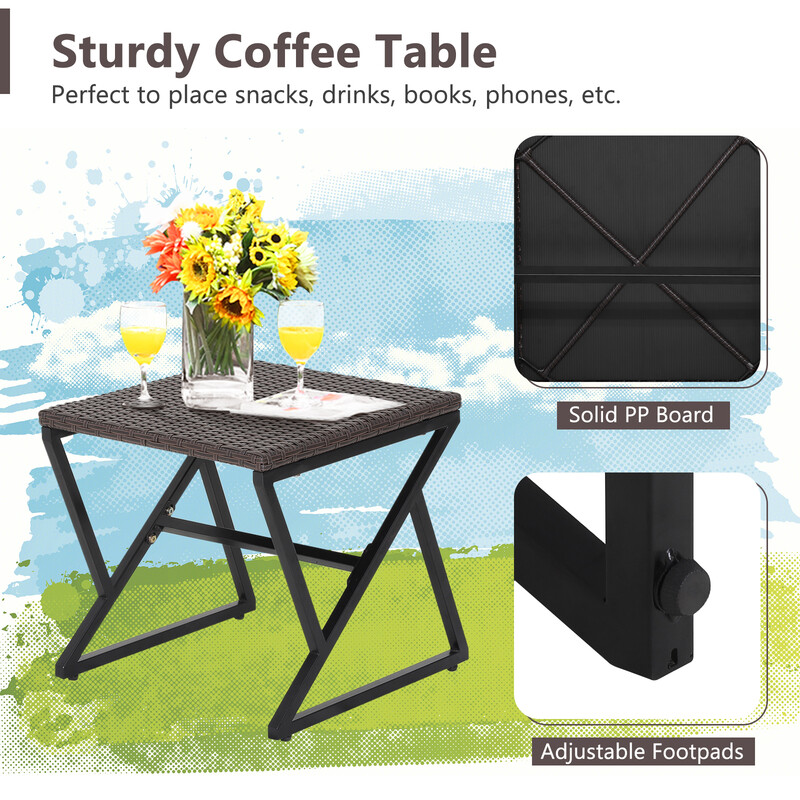 Udendørs møbelset i brun PE‑rotting med 2 gynge stole og sofabord