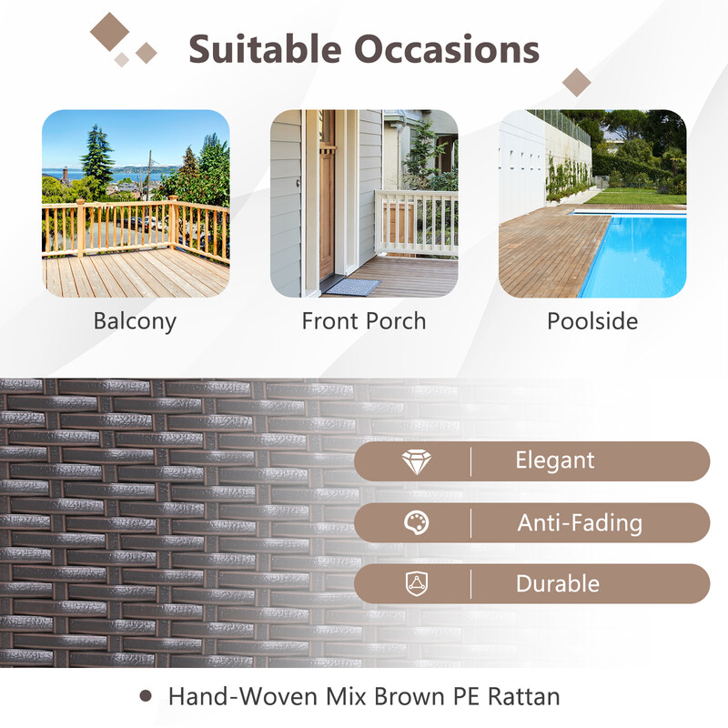 Udendørs møbelset i brun PE‑rotting med 2 gynge stole og sofabord