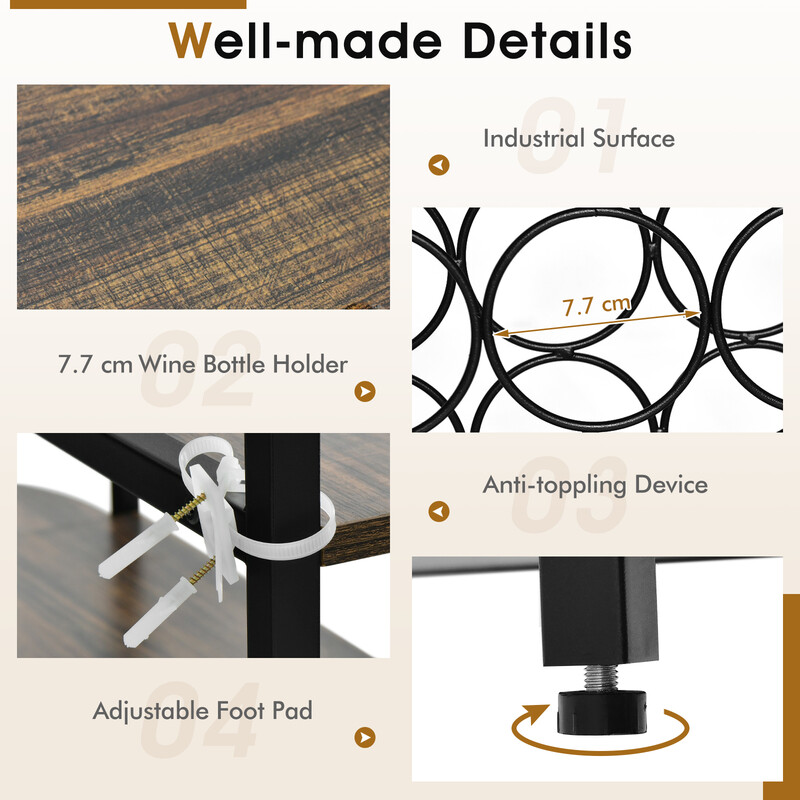 Vinhylde 120 cm rustik brun med glasophæng og hylder