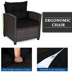 Rattan udendørsmøbel sæt 2 stole 1 glasbord sort