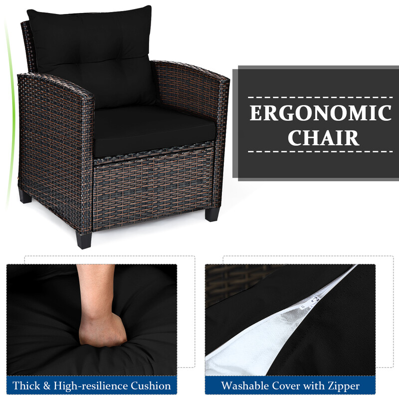 Rattan udendørsmøbel sæt 2 stole 1 glasbord sort