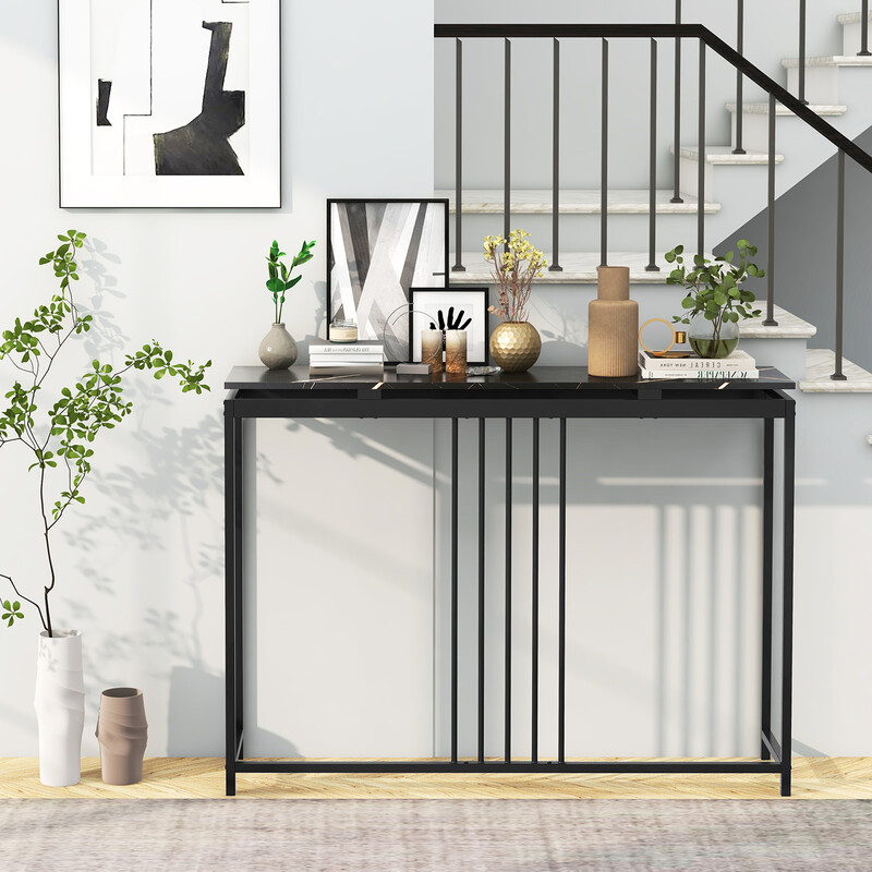 Sort konsolbord 120x30x90 cm MDF metal med marmoreret overflade