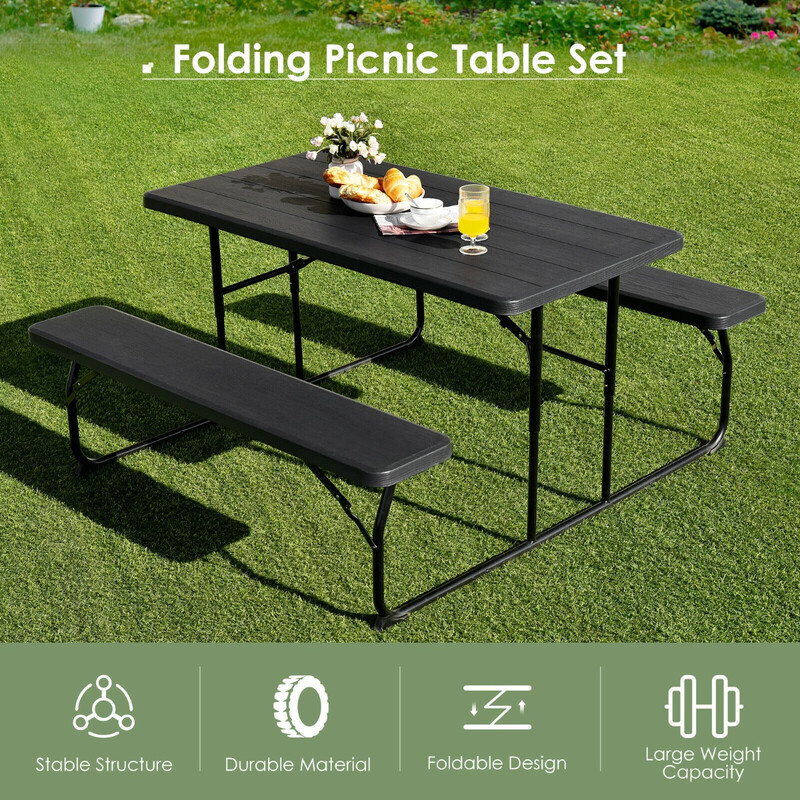 Picnicbord med to sorte bænke HDPE 136x70 cm