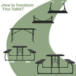 Picnicbord med to sorte bænke HDPE 136x70 cm