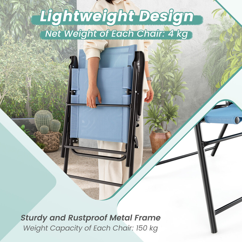 2 blå foldbare strandstole til terrasse metalramme 65x60x93 cm