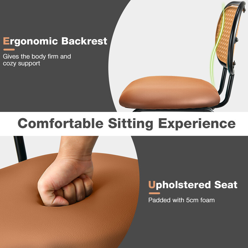 2 moderne barstole i PU-læder med rottingryg og metalram brun