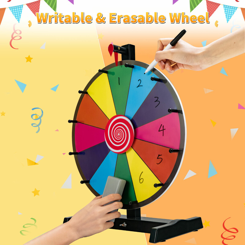 Plastik lykkehjul 38 cm med 12 farvede sektioner og whiteboardpen