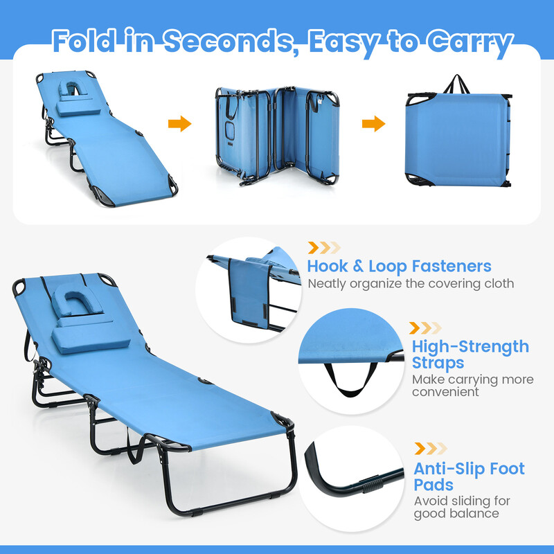 Solstol foldbar metalramme 600D Oxford PE belagt ansigtshul justerbar rygstøtte blå