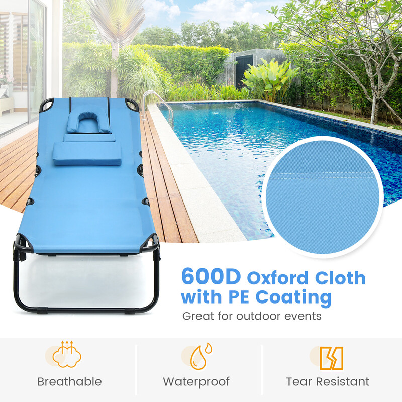 Solstol foldbar metalramme 600D Oxford PE belagt ansigtshul justerbar rygstøtte blå