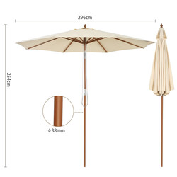 Terrassparasoll træ ramme 300 cm diameter beige justerbar hældning