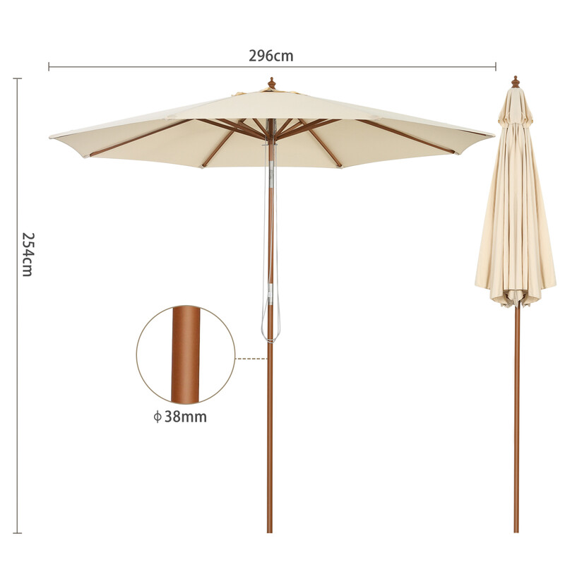 Terrassparasoll træ ramme 300 cm diameter beige justerbar hældning