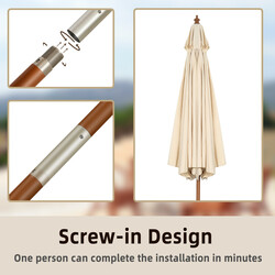 Terrassparasoll træ ramme 300 cm diameter beige justerbar hældning