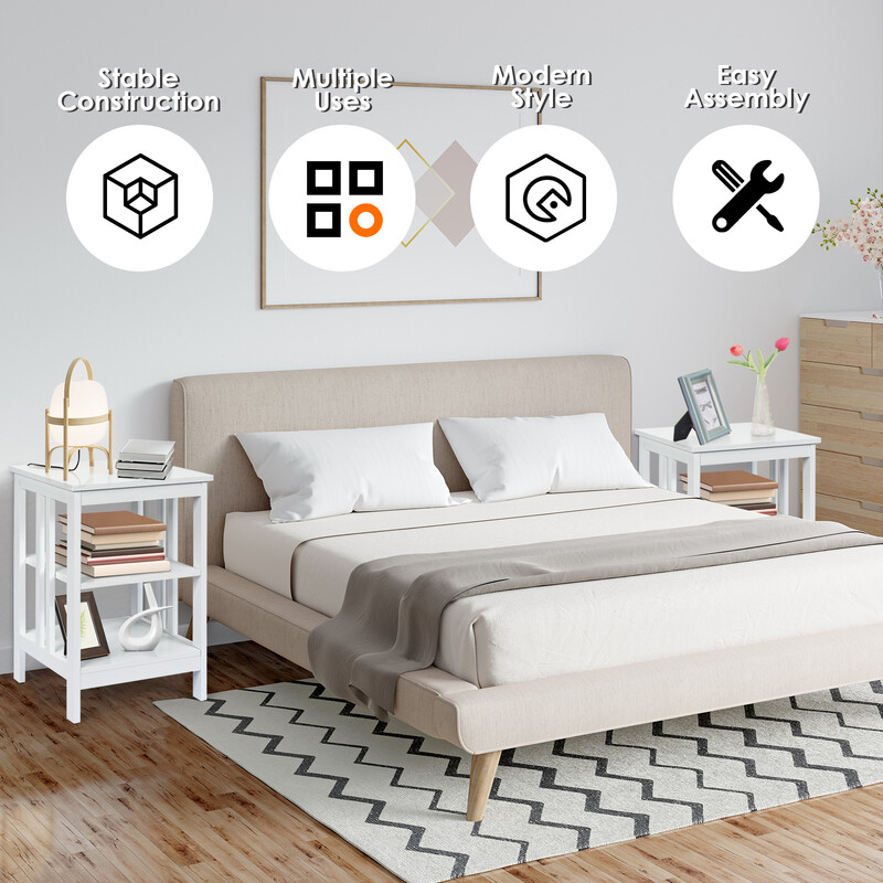 Natbord hvid MDF 40x40x61cm tre-etagers med opbevaring til soveværelse og stue