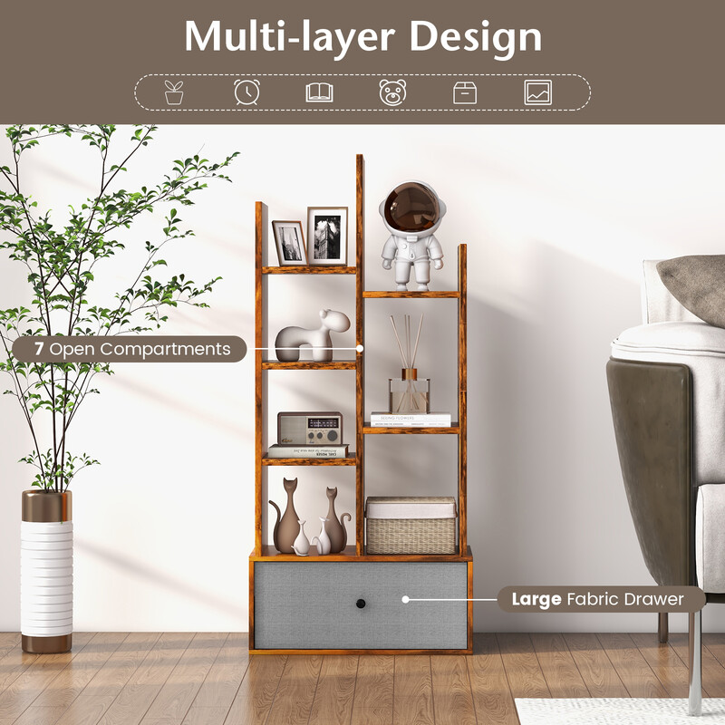 Bogreol åben træ brun 7 hylder kasse 53x24x118 cm