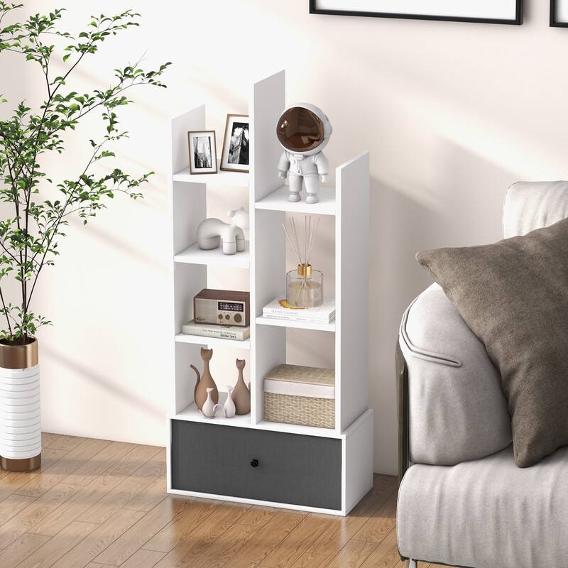 Bogreol hvid træ 53x24x118 cm med syv hylder og skuffe