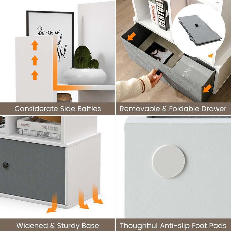 Bogreol hvid træ 53x24x118 cm med syv hylder og skuffe