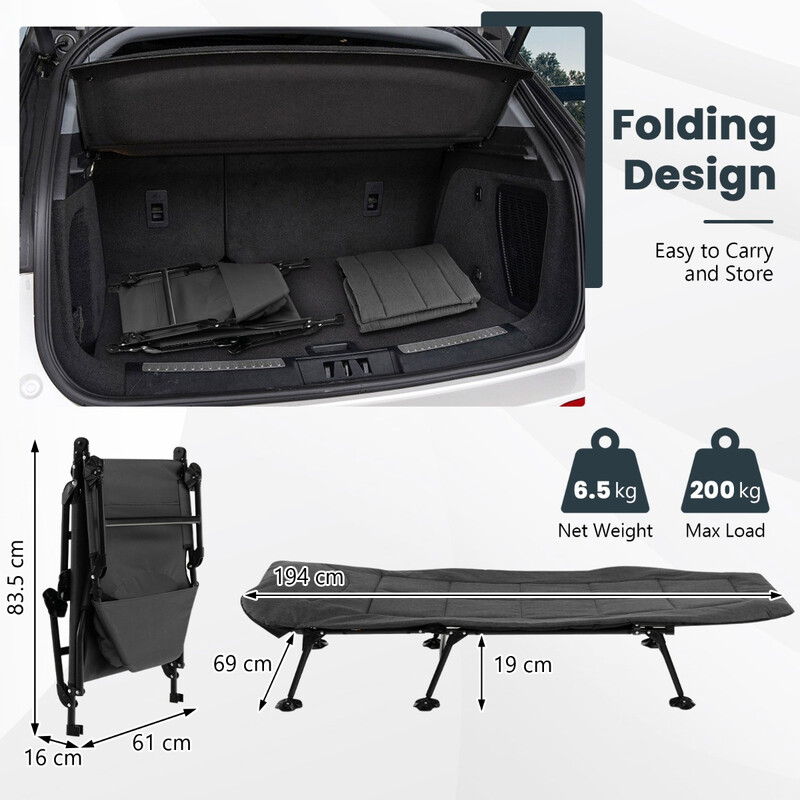 Sammenklappelig camping-seng grå 194x64x29 cm med aftagelig madras justerbart ryglæn