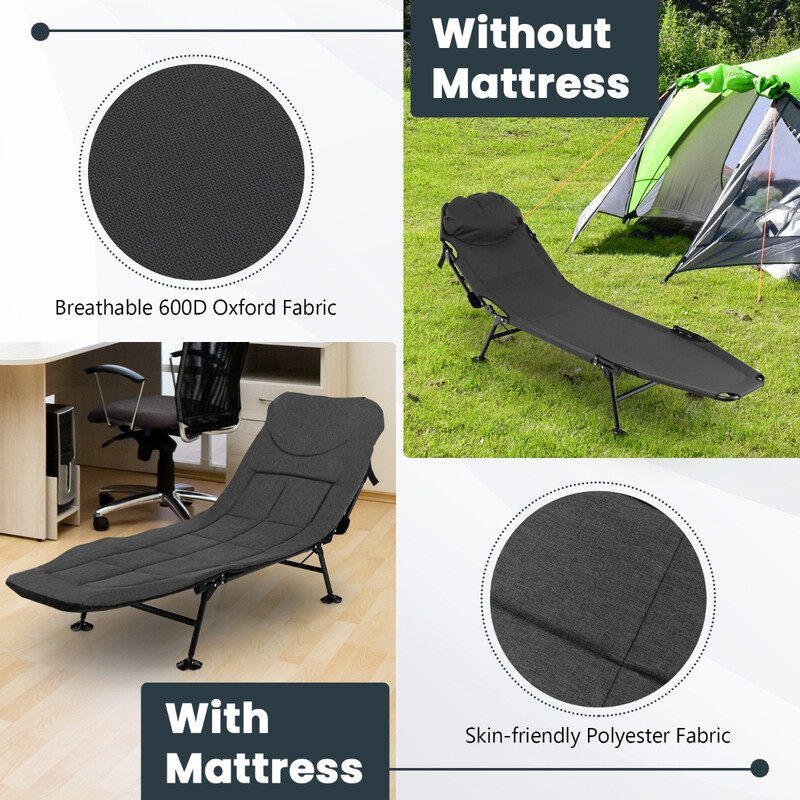 Sammenklappelig camping-seng grå 194x64x29 cm med aftagelig madras justerbart ryglæn