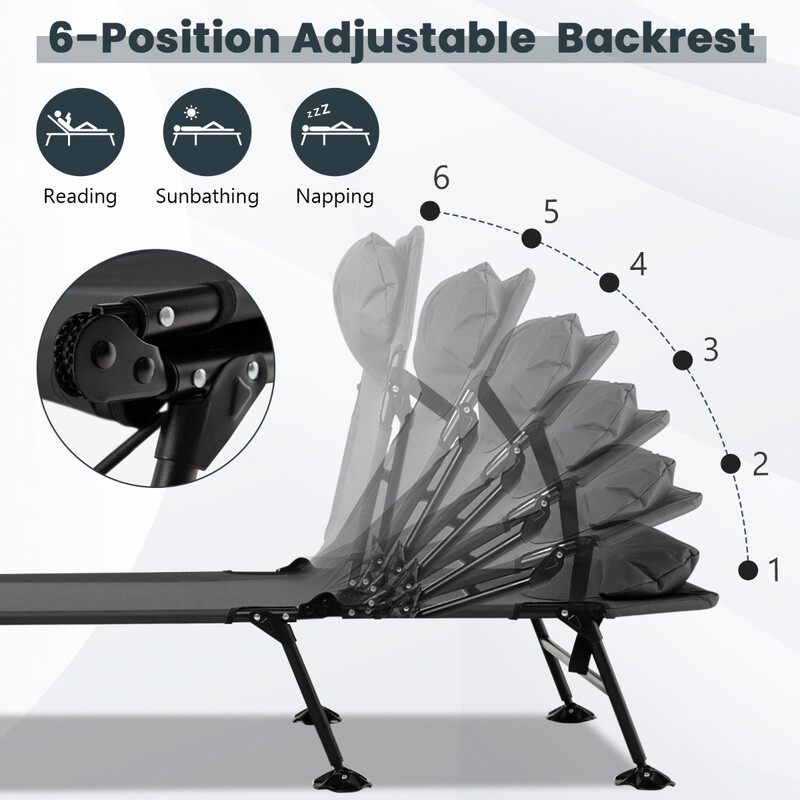 Sammenklappelig camping-seng grå 194x64x29 cm med aftagelig madras justerbart ryglæn