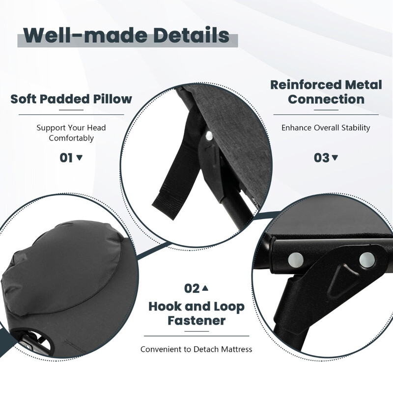 Sammenklappelig camping-seng grå 194x64x29 cm med aftagelig madras justerbart ryglæn