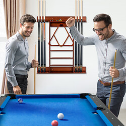 Vægmonteret billardholder af fyrretræ brun 79x8x91 cm 8 køer 15 kugler