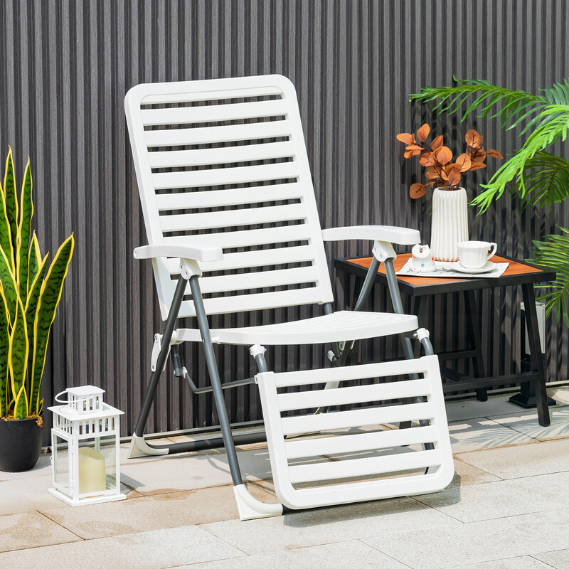 Foldbar hvid terrassestol i vejrbestandigt PP og metal 7‑positions justering