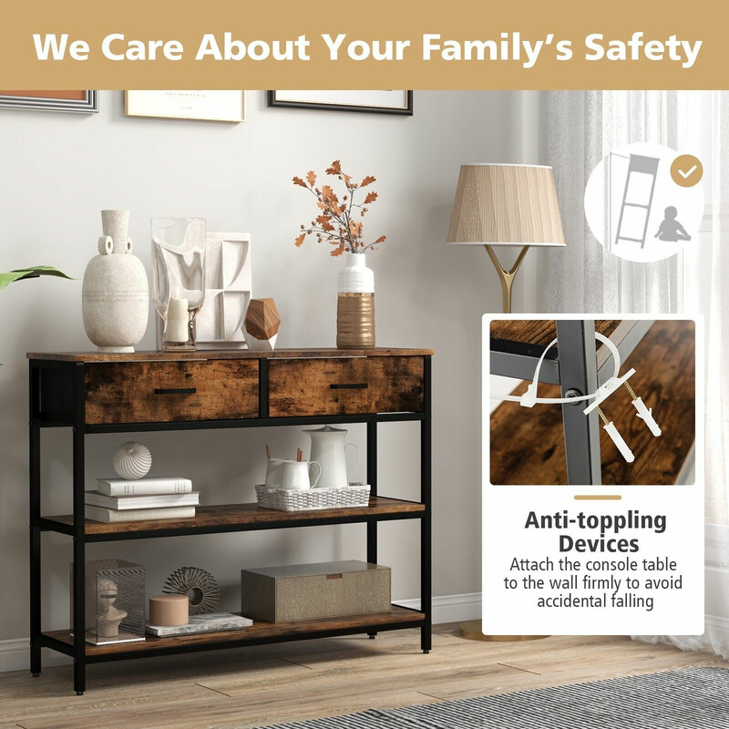 Konsolbord rustik brun metal 100x30 cm med 2 hylder og 2 kurve