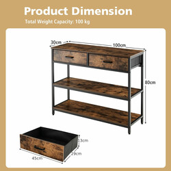 Konsolbord rustik brun metal 100x30 cm med 2 hylder og 2 kurve