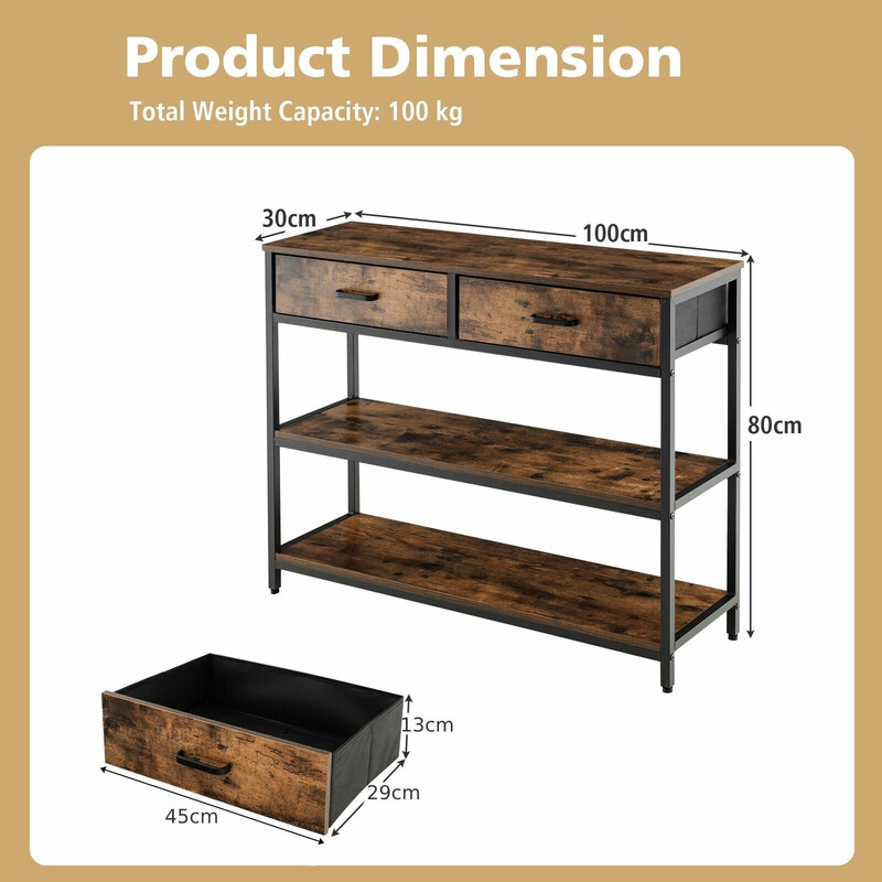 Konsolbord rustik brun metal 100x30 cm med 2 hylder og 2 kurve